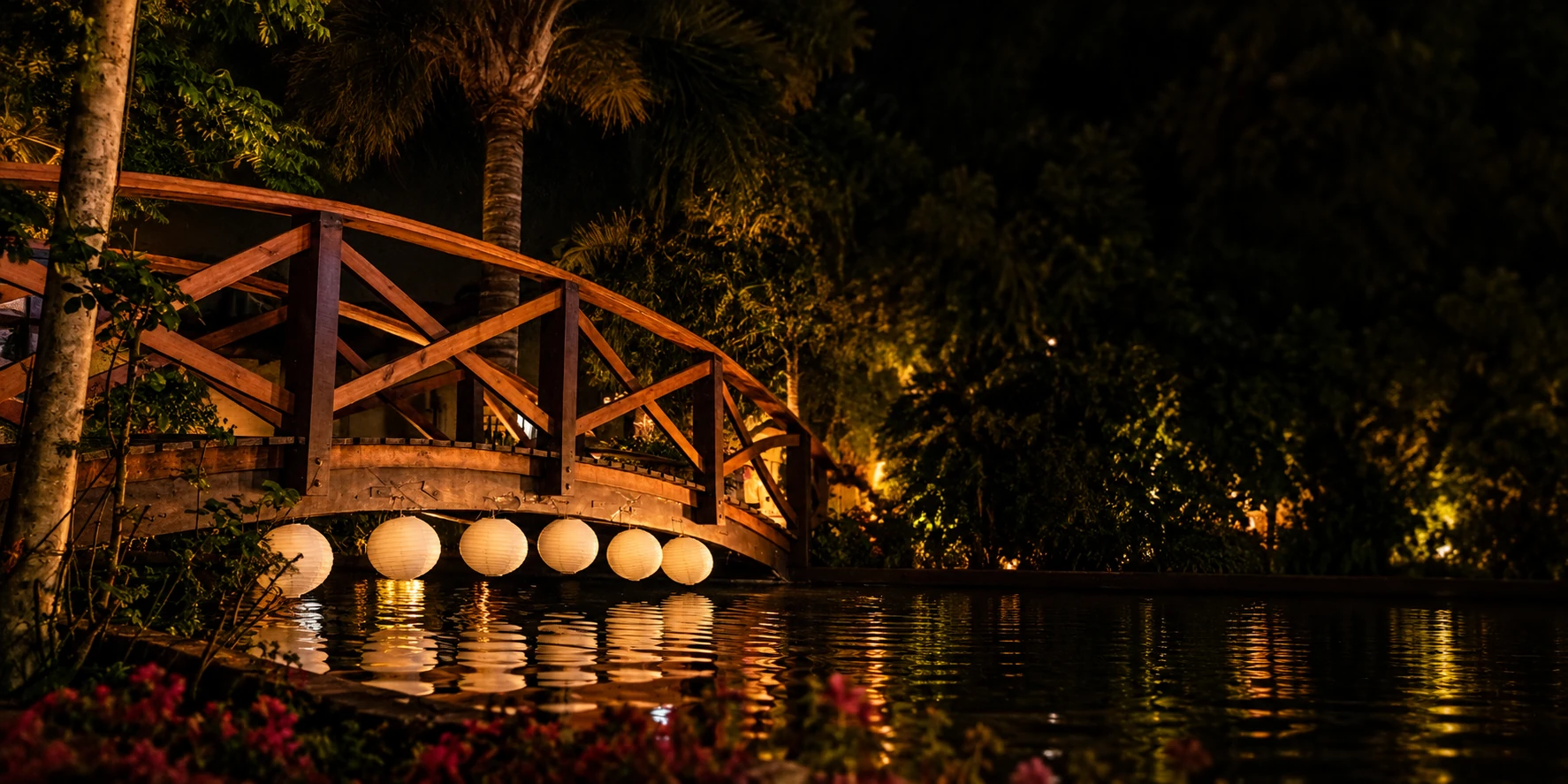 Puente del parque con faroles y reflejos nocturnos; adaptación cinematográfica con IA